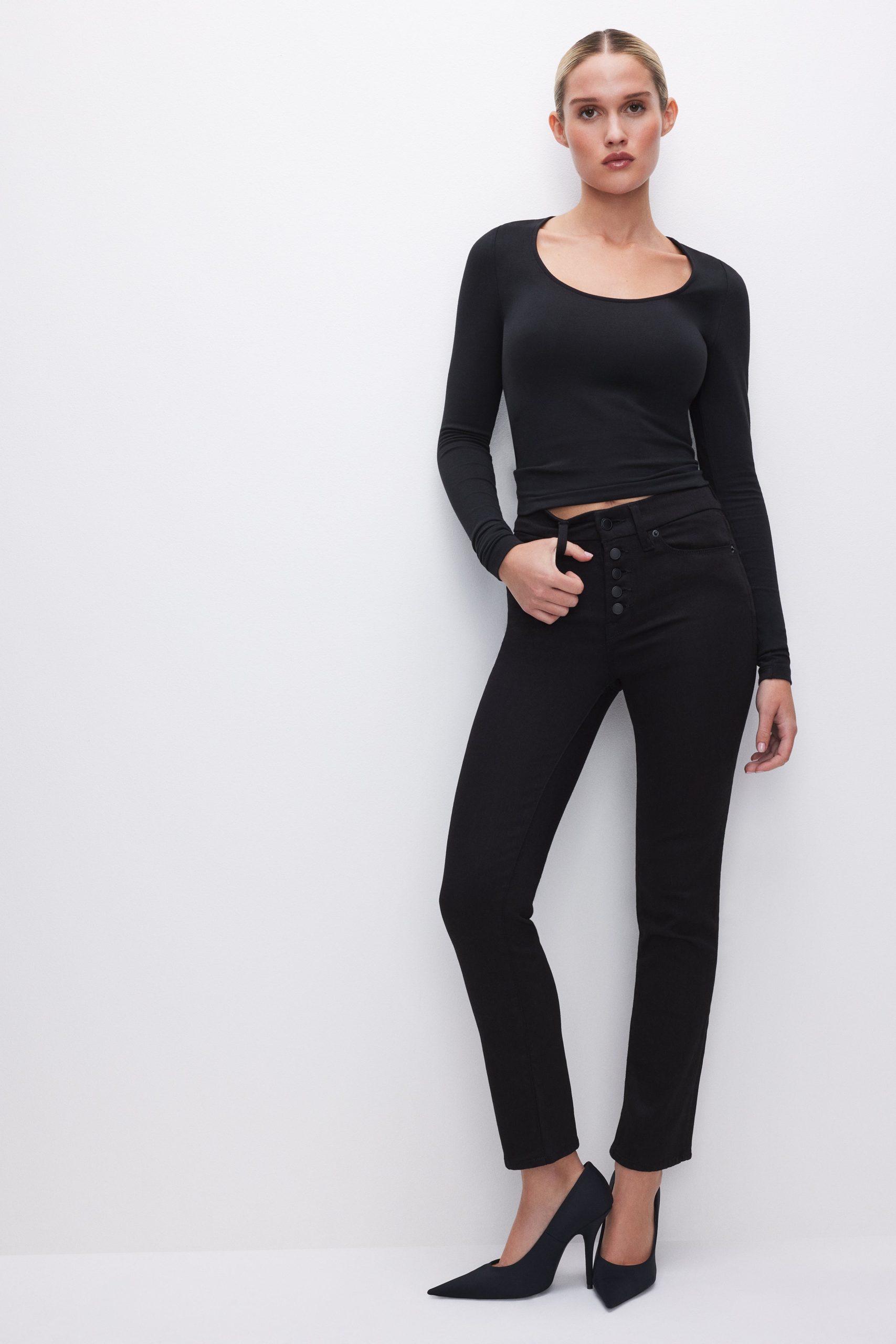 NEVER FADE BUTTON FRONT GOOD LEGS STRAIGHT JEANS | BLACK001 - Image 2