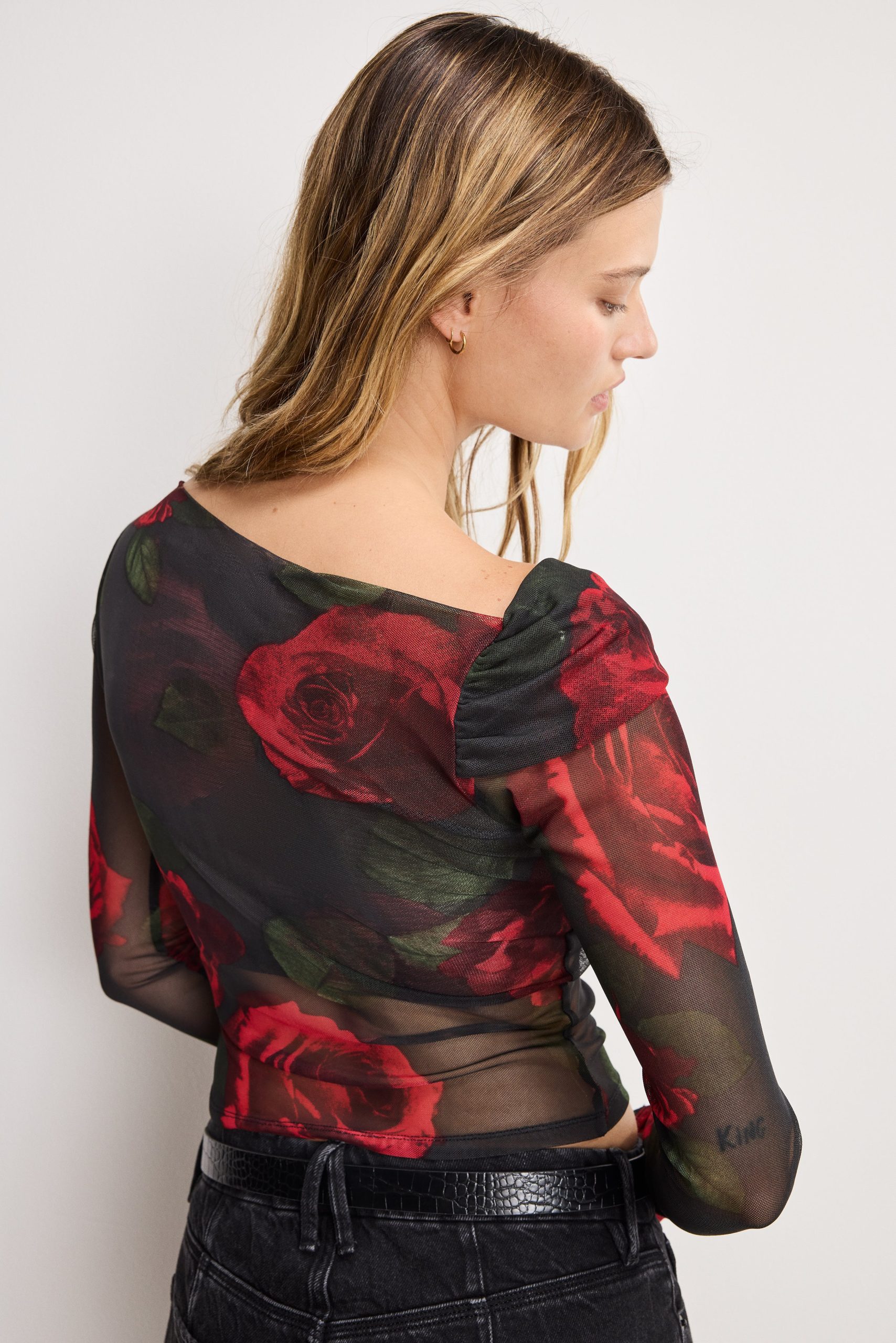MESH RUCHED ASYMMETRIC TOP | MOODY RED ROSES001 - Image 4