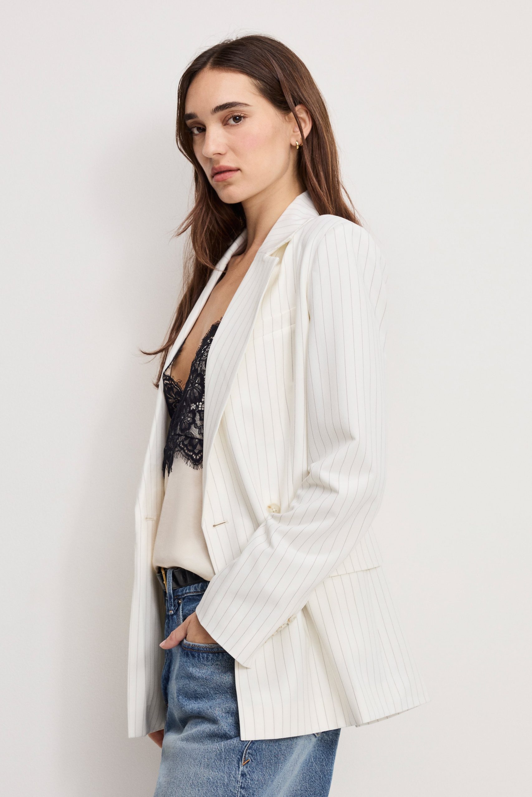 ESSENTIAL SUITING BELTED BLAZER | CHESTNUT PIN STRIPE - Image 2