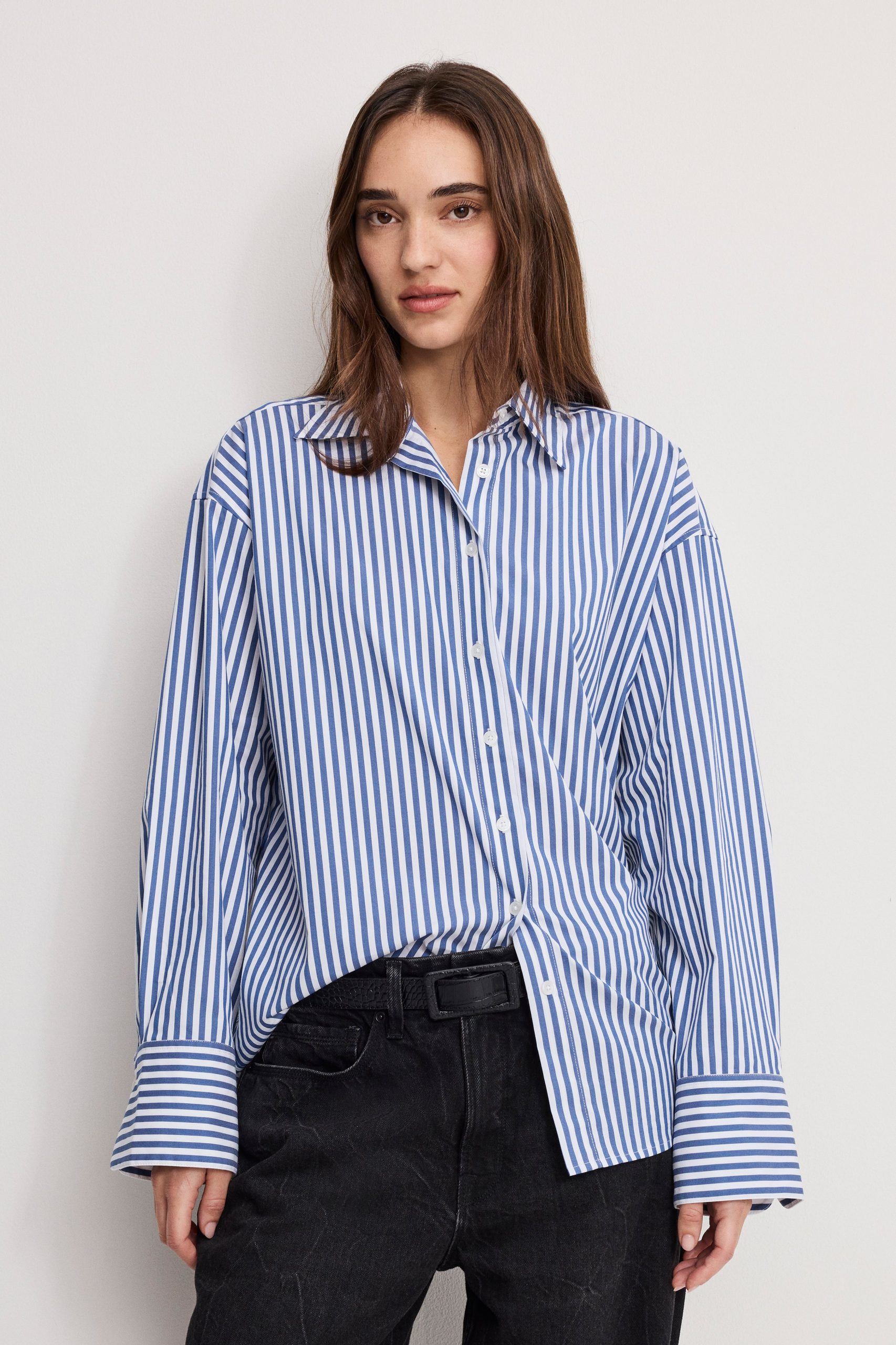 POPLIN OVERSIZED SHIRT W BUTTON ADJUSTABLE WAIST | INDIGO STRIPE - Image 2