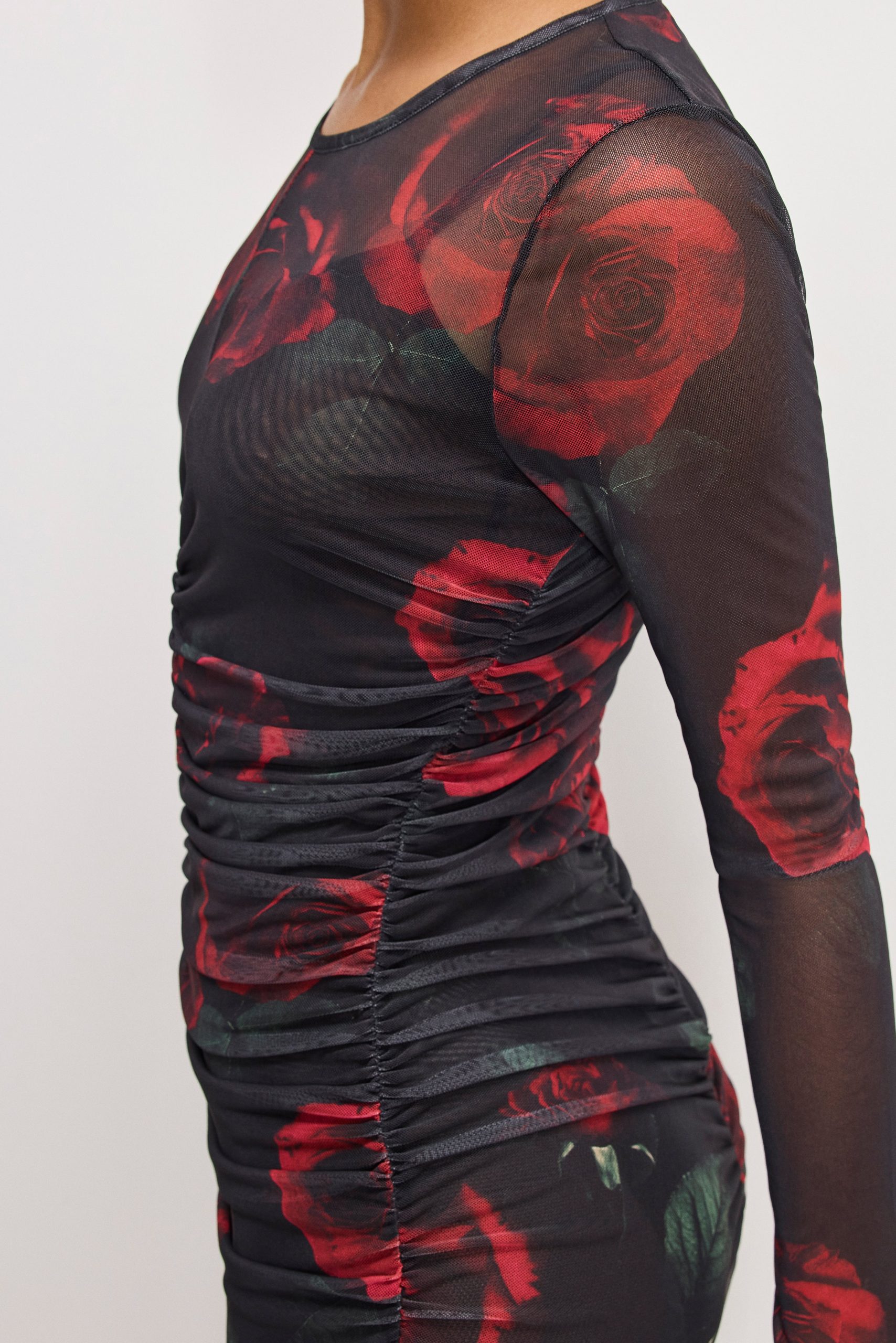 MESH RUCHED MAXI DRESS | MOODY RED ROSES001 - Image 4