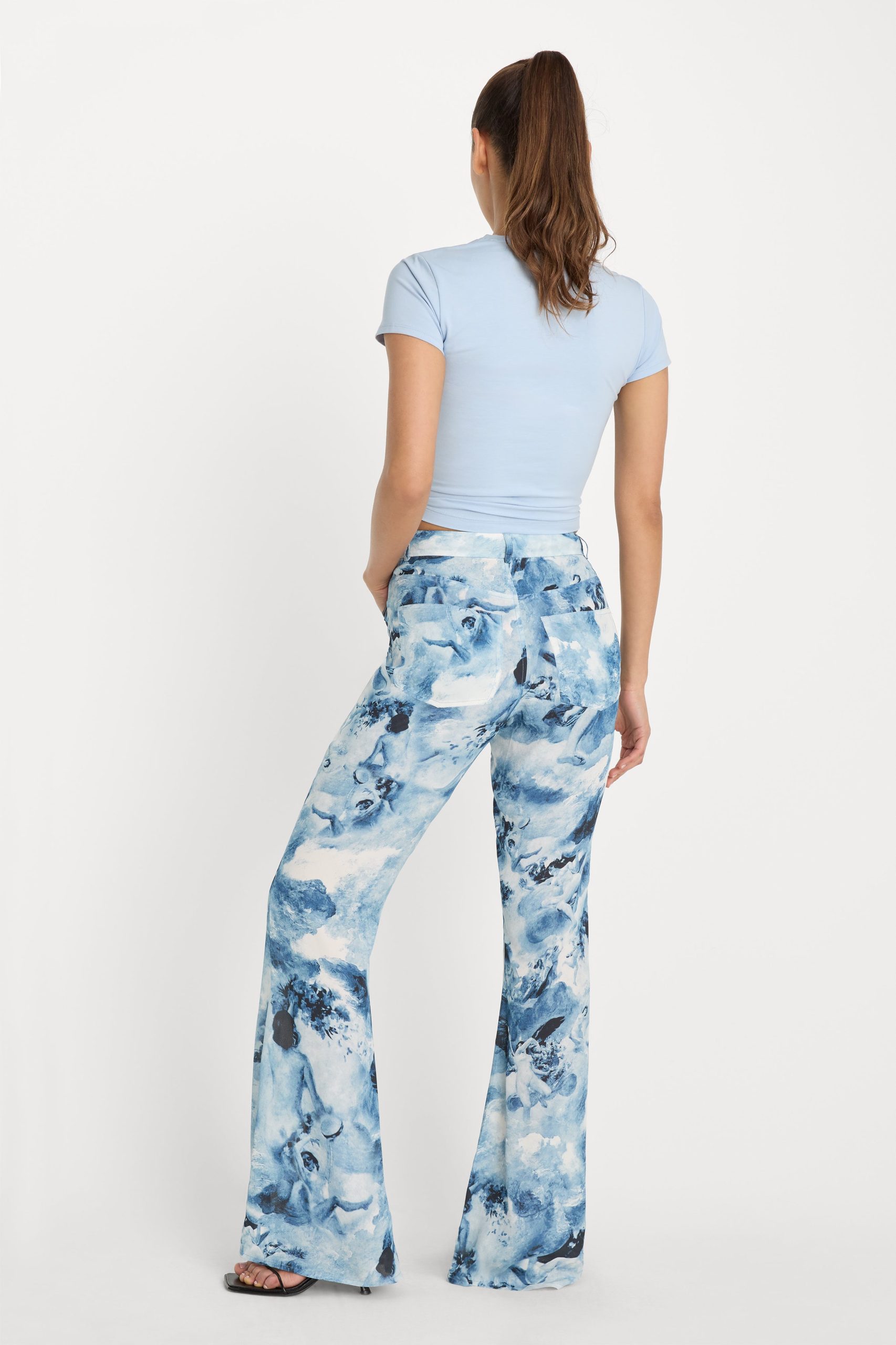 V WAIST CHIFFON FLARE PANTS | BLUE ANGEL PRINT - Image 5
