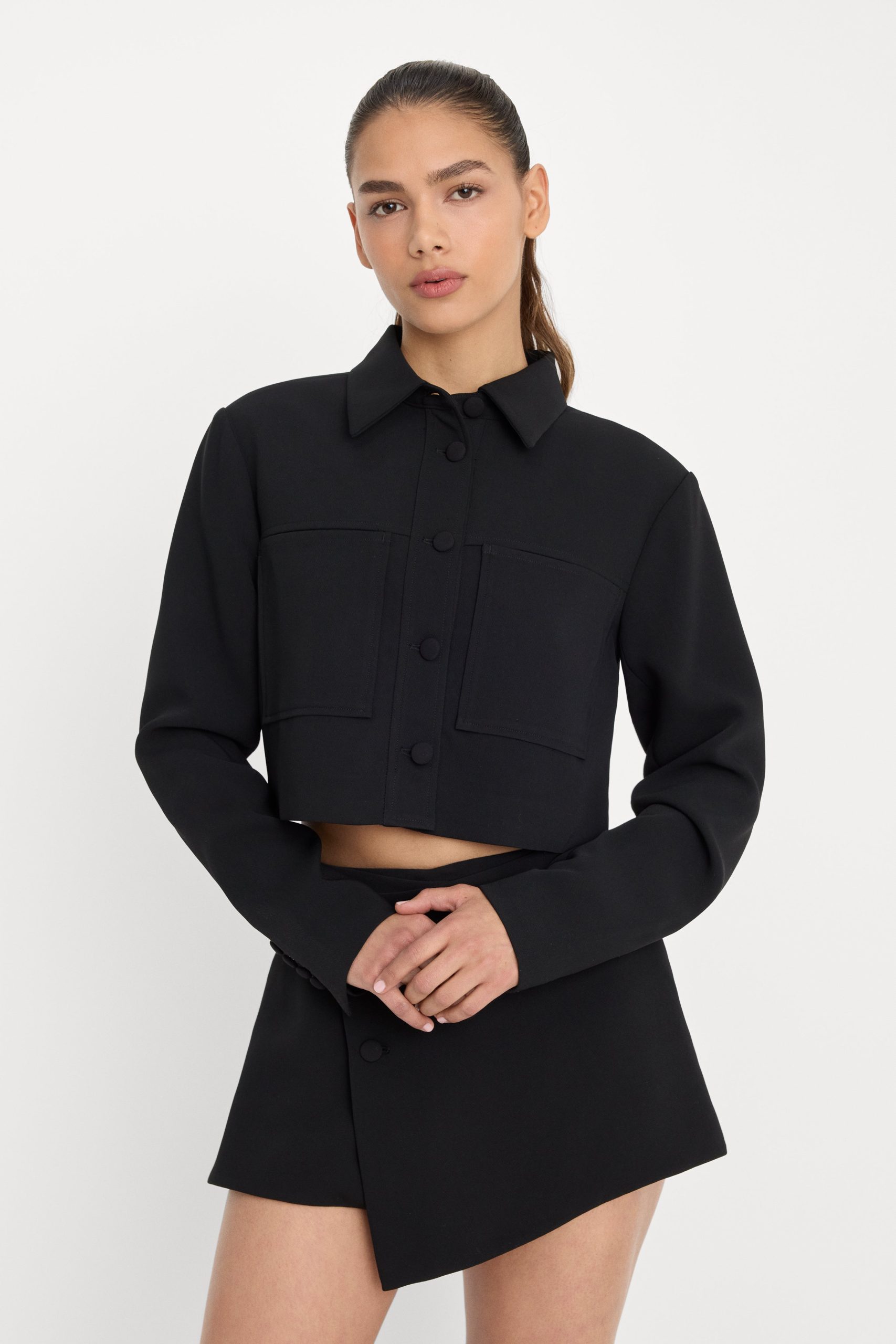 LUXE SUITING CROPPED JACKET | BLACK001