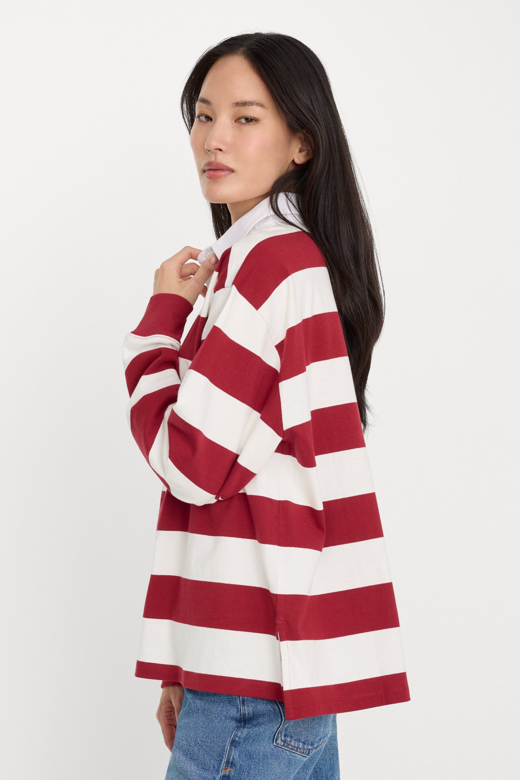OVERSIZED RUGBY TEE | MERLOT AND CHALK RUGBY STRIPE - Image 2