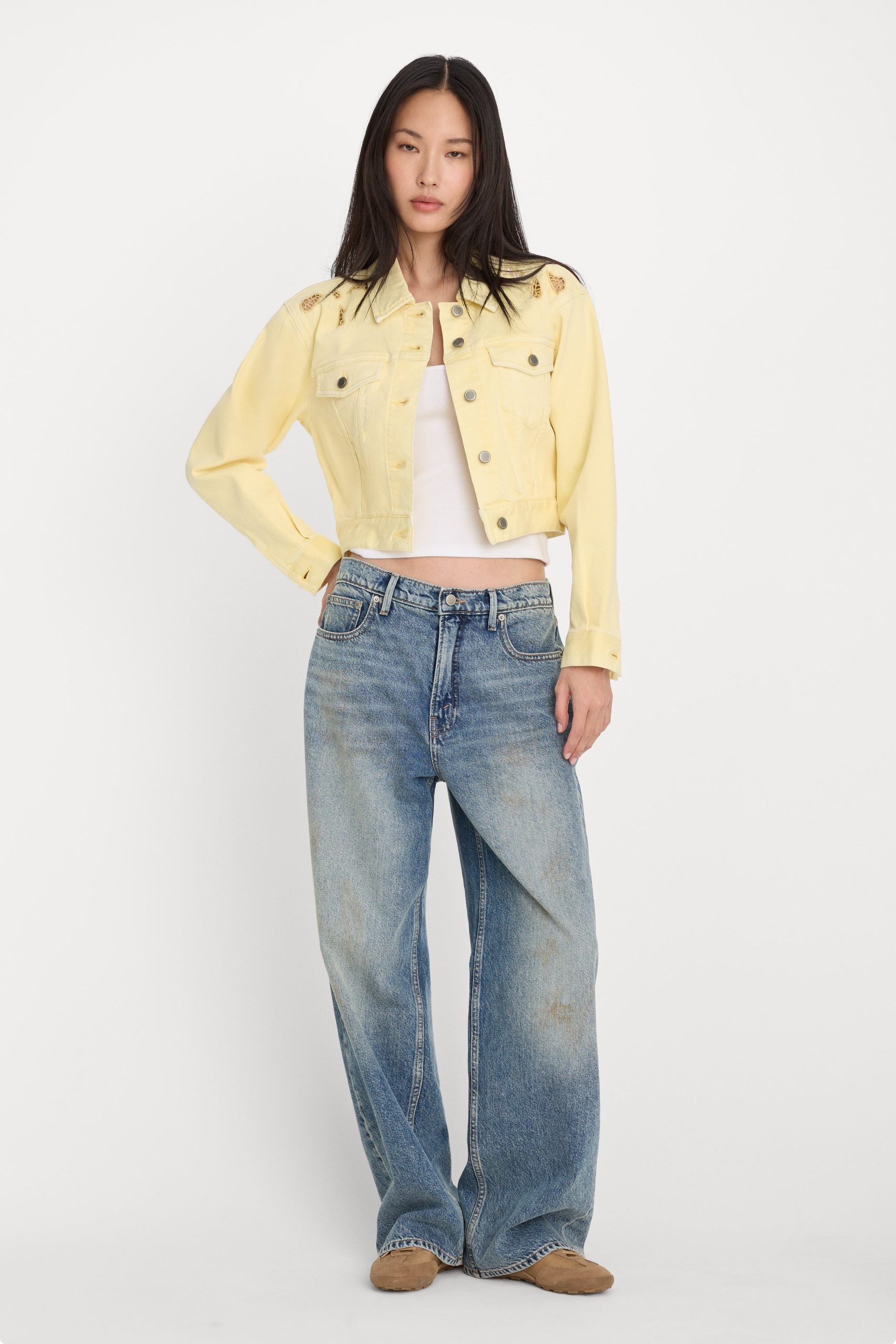ESSENTIAL CROP DENIM JACKET EMBROIDERED | ANISE YELLOW - Image 3