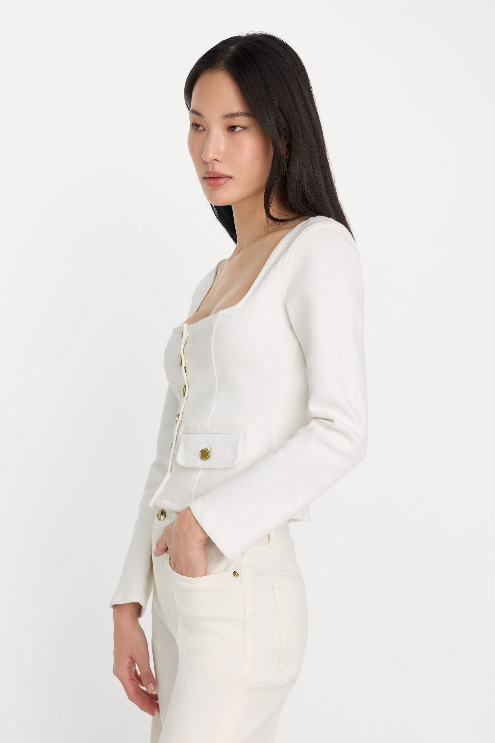 DENIM FITTED BUTTON FRONT JACKET | COTTON WHITE - Image 4