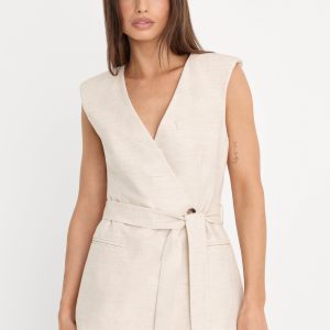 LINEN SLEEVELESS BELTED VEST | OAT