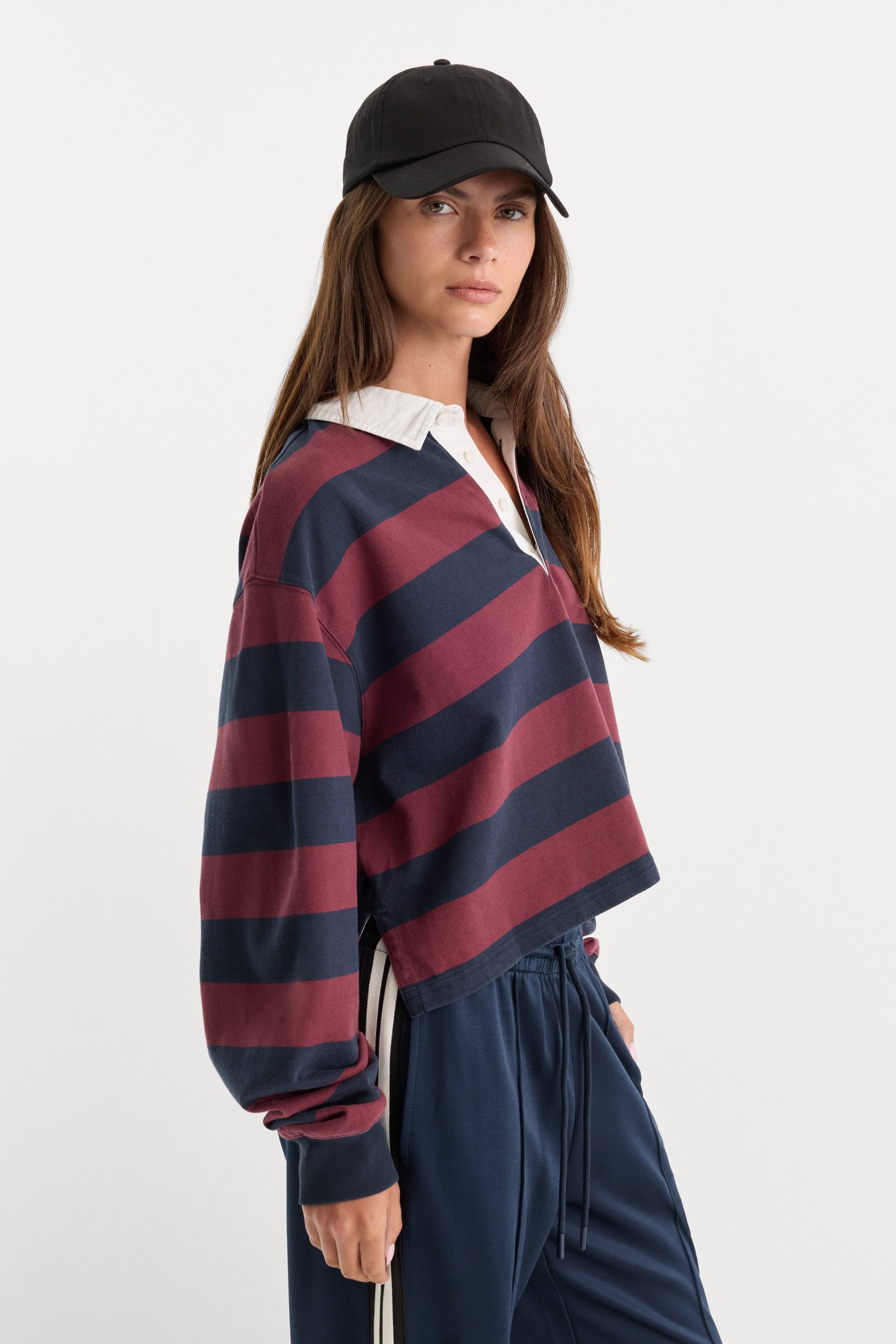 THE CROPPED RUGBY POLO | NAVY BERRY NOIR BLOCK STRIPE - Image 3