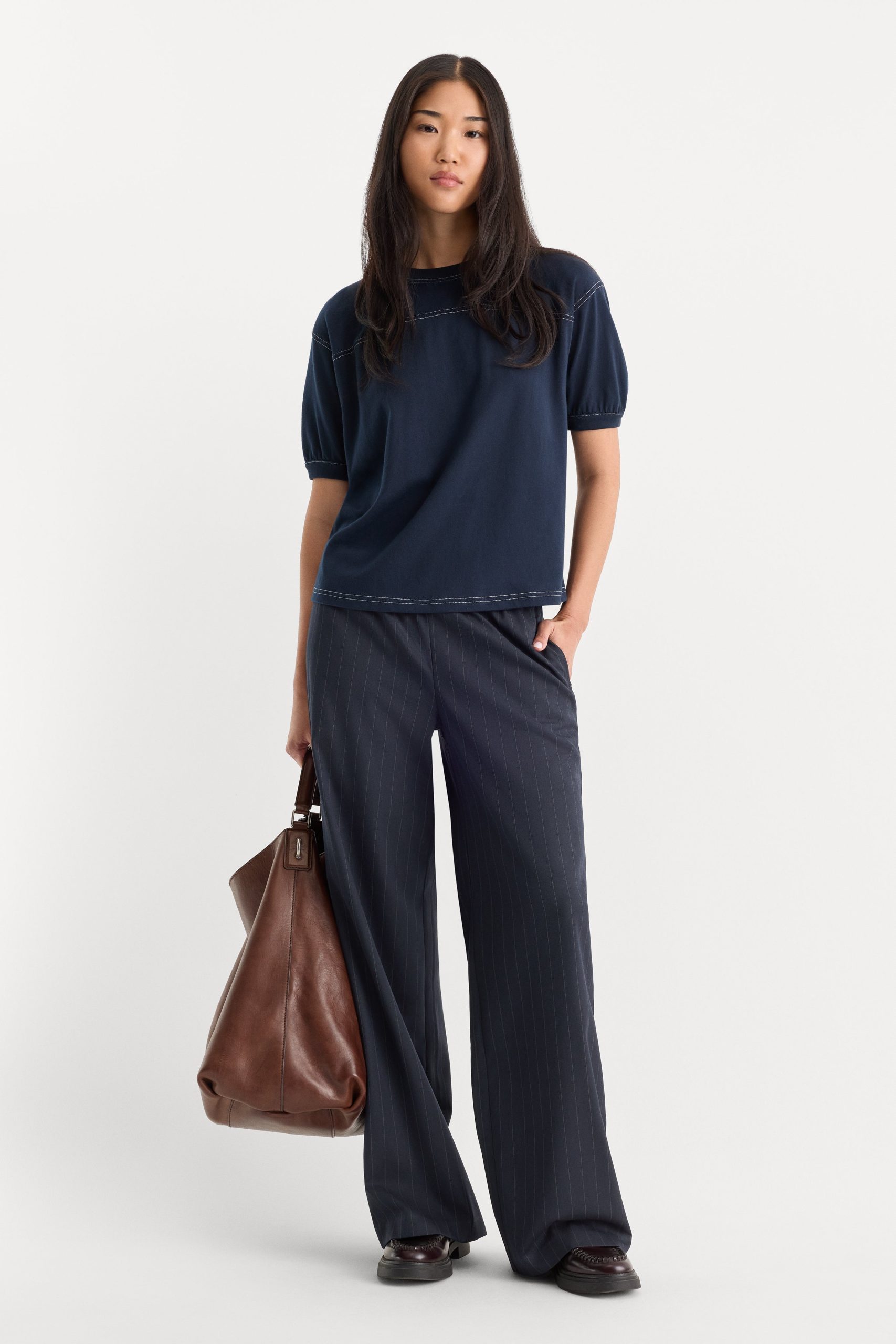 THE PINSTRIPE PULL ON TROUSER | NAVY PINSTRIPE