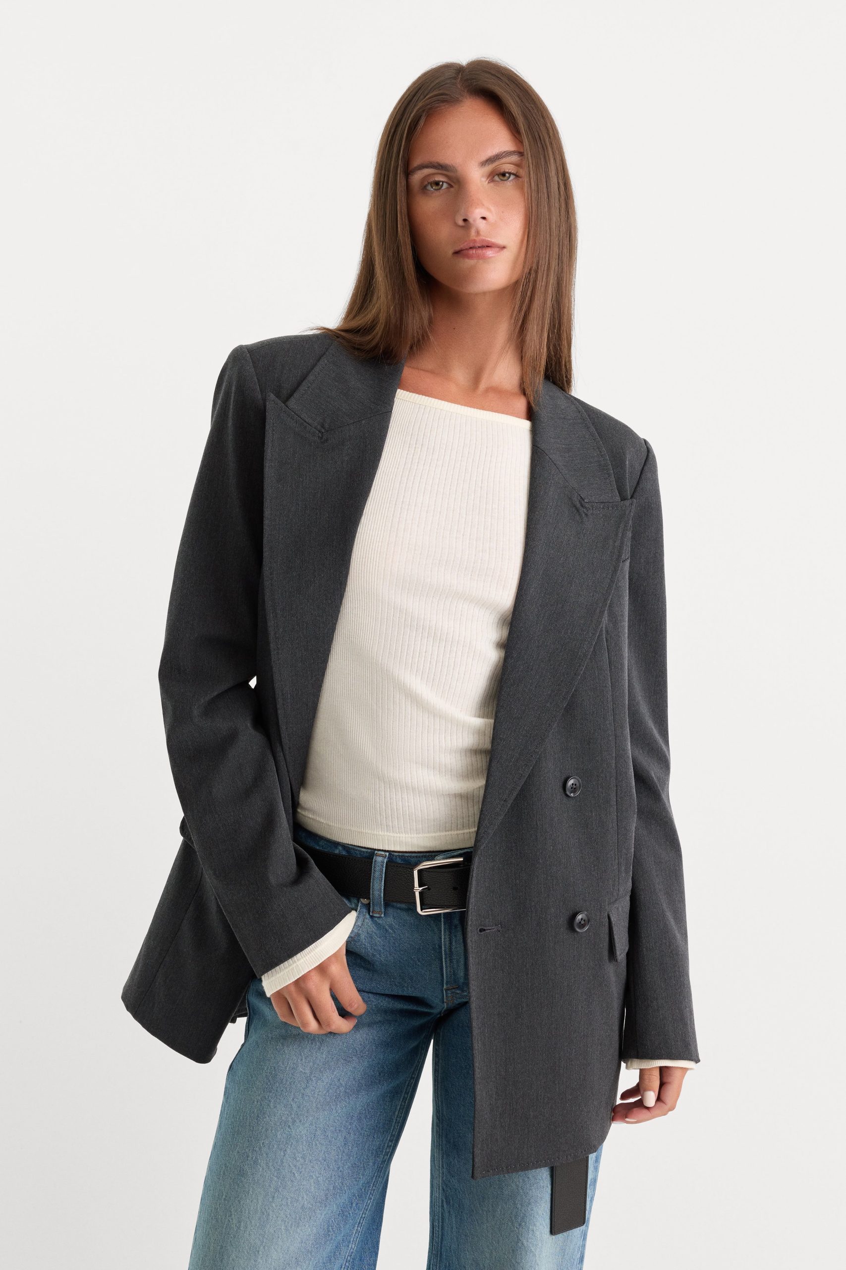 ESSENTIAL SUITING OVERSIZED DOUBLE BREASTED BLAZER | DARK HEATHER GRAY