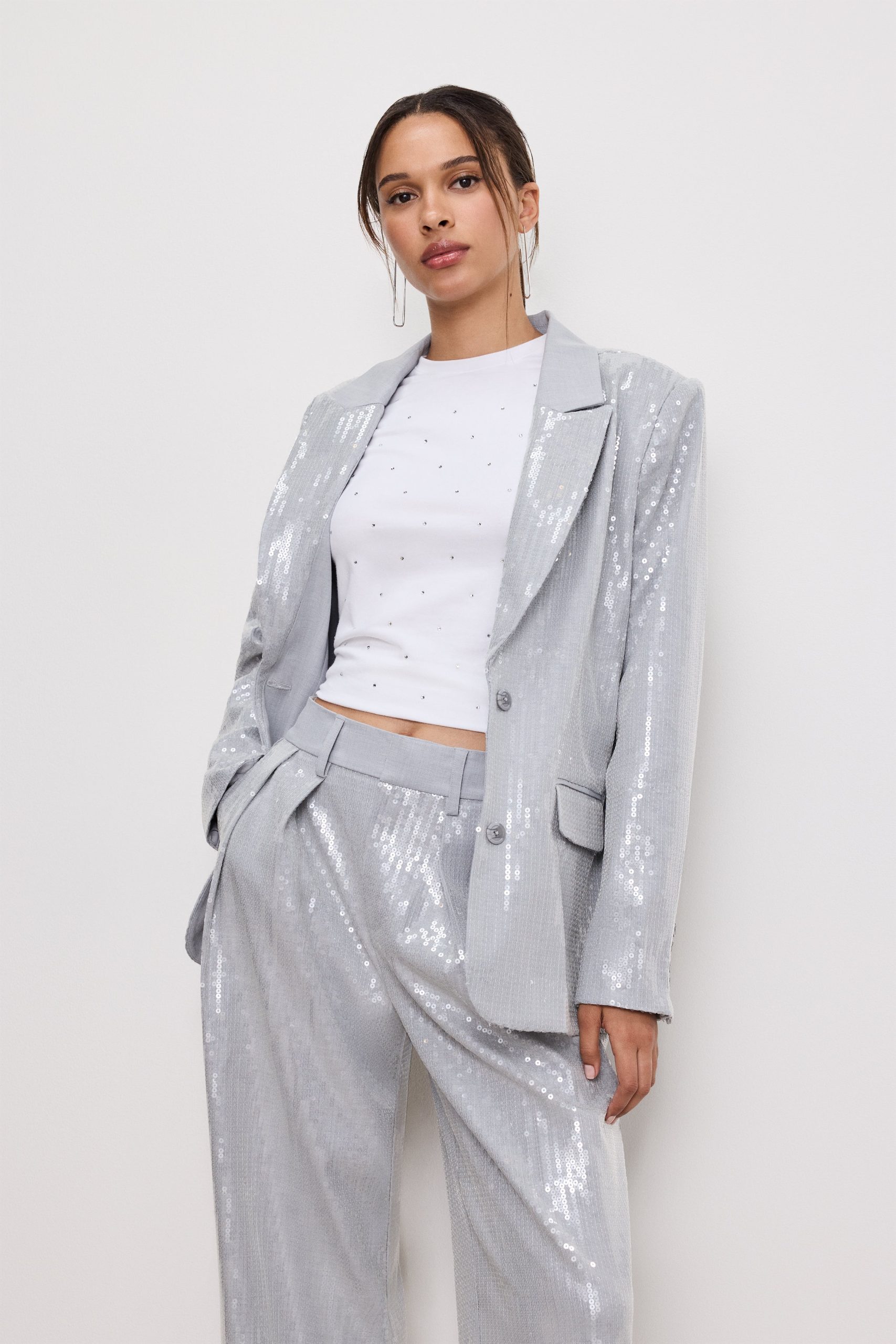 SEQUIN OVERSIZED BLAZER | HEATHER GREY001